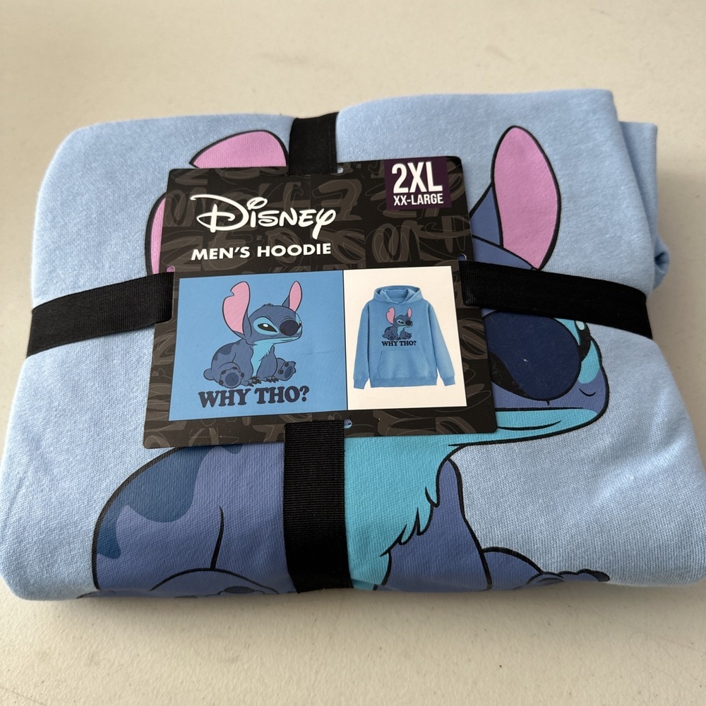 Disney Stitch Why Tho Graphic Print Men's Pullover Hoodie XXL Light Blue Fleece